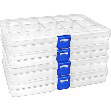 4 Boite Rangement Plastique, 15 Compartiments, Separateurs Reglables, Transparent, Pour Perles Bijoux Outils Peche