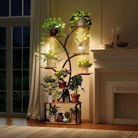 Support Plantes Interieur avec Lampes de Culture: 162 cm Porte Plante d'Intérieur - 8 Niveaux Étagère Plante en Métal et Bois, Noir (1/5)