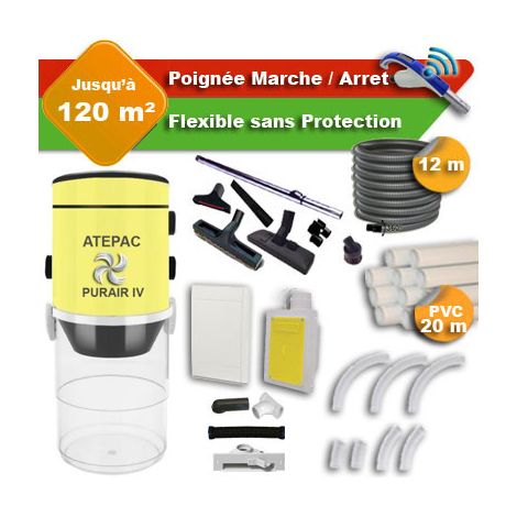 Aspirateur central PURAIR IV garantie 5 ans + flexible rétractable 12 m + poignée marche/arrêt + 7 accessoires + kit 1 prise RETRAFLEX + kit prise balai (rayon d'action 120 m2) (1/5)