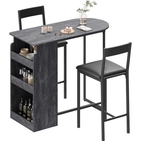 Ensemble Table de Bar et 2 Tabourets en Velours - Table Haute avec Porte-Bouteilles et Étagères - 110x42x91 cm - Gris (1/5)