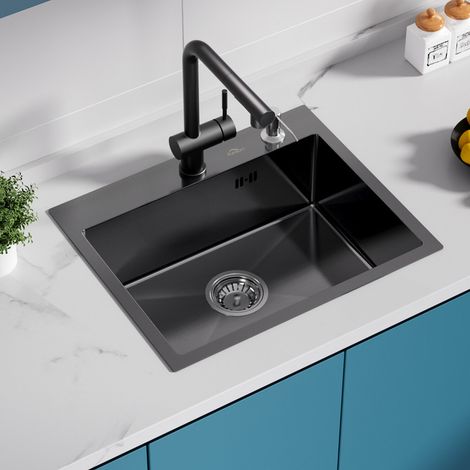 AuraLum Évier de Cuisine 1 Bac 55x45CM Nano Anthracite /Gris Foncé Acier Inoxydable Évier avec Distributeur de Savon Évier Encastré et à Poser (1/5)