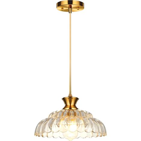 Suspension Vintage Verre Ambre - Lampe Plafond Réglable Hauteur, Abat-Jour Pétale Doré Brossé, Douille E27 pour Salle à Manger, Cuisine, Salon, Porche (30cm)