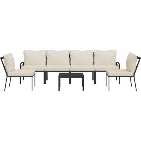 Salon de jardin meuble d'extérieur ensemble de mobilier 7 pièces avec coussins sable acier (1/5)