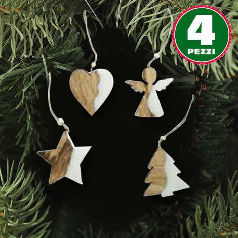 4 Appendini Natale In Legno Ovatta Forma Stella Albero Angelo Cuore 11cm Bianco (1/3)