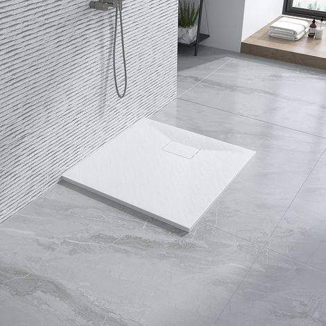 Duschwanne Schieferoptik Rutschfeste Struktur Weiß 90x90 cm flach Duschtasse, Sheet-Molding-Compound(SMC), Ablaufloch ∅ 90 mm, quadratisch, Zuschneidbar (1/5)