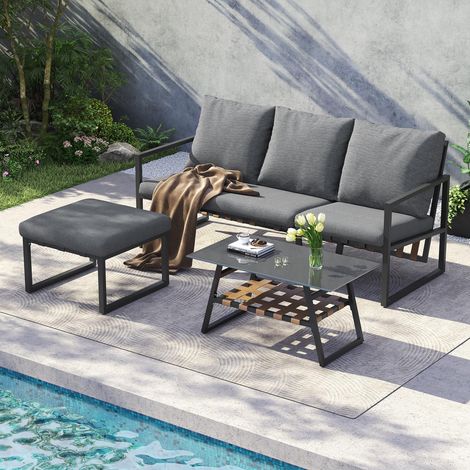 Salon de jardin d'angle, Ensemble de mobilier d'extérieur avec canapé table basse et repose-pieds, style industriel rétro 3 pièces, Gris