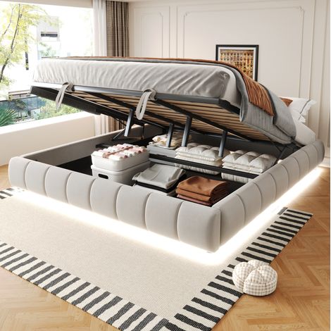 Lit coffre 180x200 cm beige en velours, sans tête de lit, avec éclairage LED (1/5)