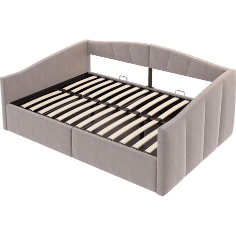 Canapé-lit rembourré 140200 cm, avec rangement hydraulique, sommier à lattes et accoudoirs, rayures classiques, lit double polyvalent, tissu velours doux pour la peau, gris clair (1/5)