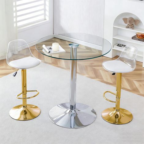 Bartisch- und Barhocker-Set Glas, Metall, Acryl transparent/gold/silber Ø89 cm, höhenverstellbar & 360° drehbar, MIVRAY