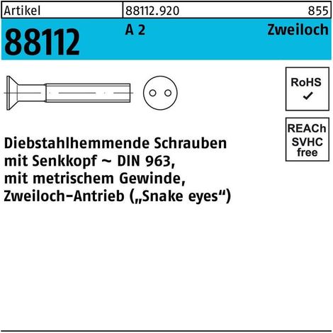 Vis R 88112 antivol Seko/trou double M4x 12 A 2 100 pièces