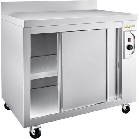 Meuble bas inox chauffant 1000x600 mm adossé sur roulettes PREMIUM - GOLDINOX