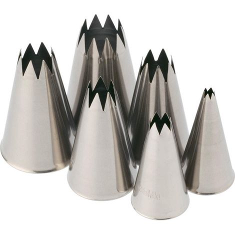 PIAZZA - 6 Beccucci Sac a Poche Riutilizzabili in Acciaio Inox Per Realizzare Decorazioni su Dolci, Torte, Cioccolatini. Bocchette per Pasticceria - 6 Beccucci Foro Stella, Diverse Misure (1/2)