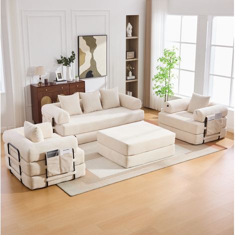 Sofá modular de 4 plazas en pana beige con otomana, estructura metálica, bolsillo lateral y cojines (1/5)