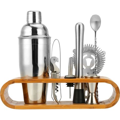 Hochwertiges Cocktail-Shaker-Set, 10-teilig, aus Edelstahl, mit Bambus-Schließfach (1/5)