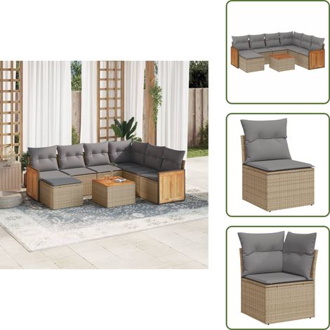 The Living Store Salon de jardin avec coussins 8 pcs beige résine tressée - Ensemble Salon De Jardin - Meuble Extérieur - Mobilier De Jardin - Chaise Longue - Set Salon