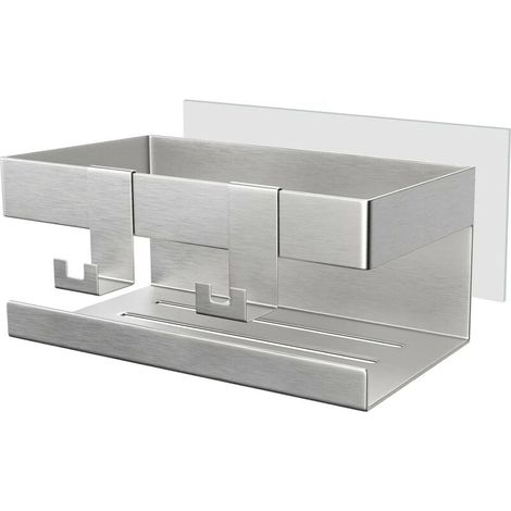 Estante de ducha sin taladrar, estante de ducha autoadhesivo para baño, soporte para jabón, soporte para ducha, almacenamiento de ducha de acero inoxidable, accesorio de ducha con 2 ganchos, cesta de  (1/5)