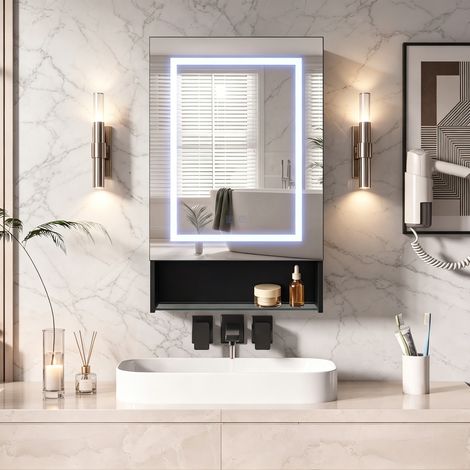JOOKGBD–Armadio da bagno con specchio LED,sbrinatore,3 temperature di luce,dimmerabile,comando tattile,ripiani regolabili,metallo,88x50cm