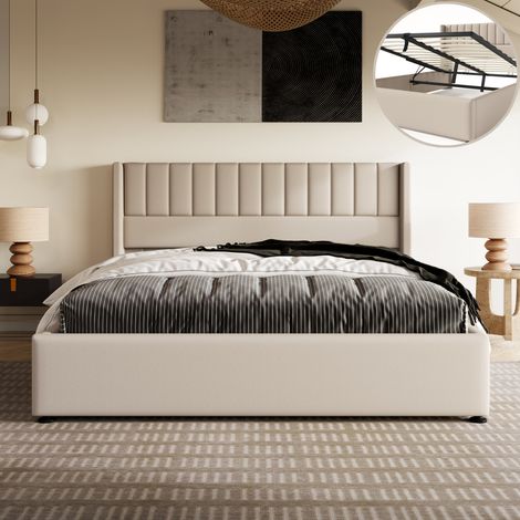 Letto contenitore 160 x 200, letto 160 x 200 con rete, struttura letto, letto contenitore, letto matrimoniale con meccanismo idraulico, con testiera, beige, lino (1/5)