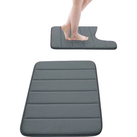 Lot de 2 tapis de bain en mousse à mémoire de forme : un tapis de bain 61 x 41 cm et un tapis de toilette en forme de U 61 x 51 cm, antidérapants et absorbants, noirs (76 x 51 cm) et gris foncé (61 x (1/5)