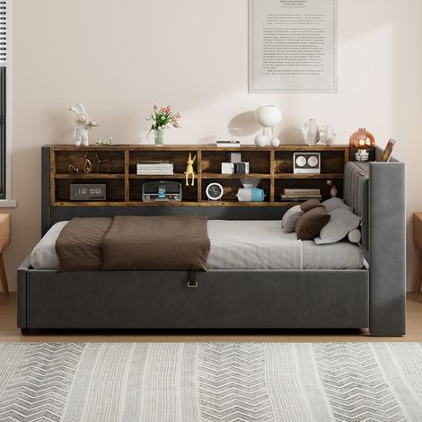 Canapé Lit 90x200cm - Avec USB et Type-C - Veilleuse Intégrée - Rangement Hydraulique Caché - Casiers Latéraux de Rangement - Capacité 150kg - gris (1/4)