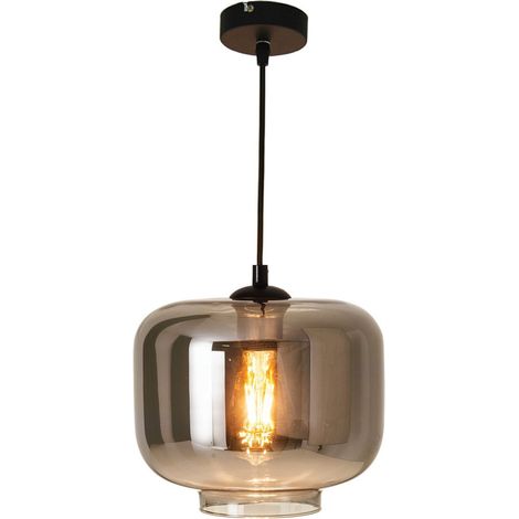 Suspension Rétro en Verre Fumé Anthracite et Métal Noir, Luminaire E27 pour Salon et Bureau, 25 cm - PANGIVO (1/5)