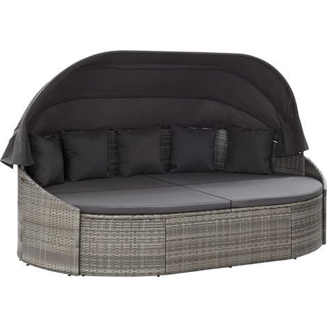 Chaise longue d'extérieur avec auvent Résine tressée Gris (1/5)