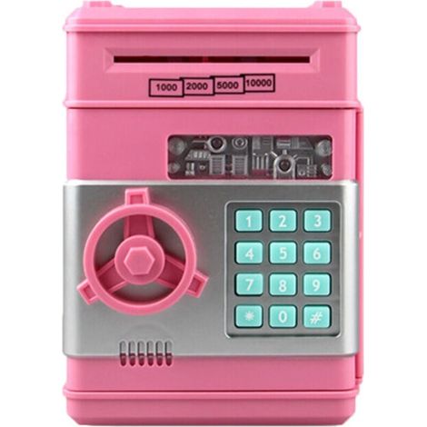Tirelire ATM électronique à roulement automatique avec coffre-fort combiné pour garçons, filles, enfants, cadeaux d'anniversaire et de Noël (rose) (1/4)