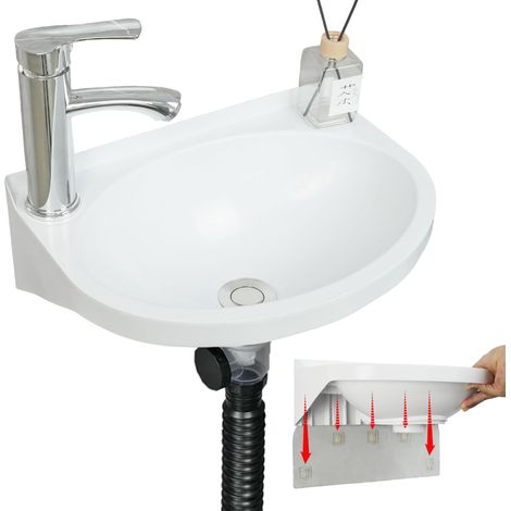 Petit évier de salle de bain à montage mural, installation sans perçage, évier autocollant 39,7 x 27,9 cm avec trou de robinet de 3,2 cm/2,2 cm, mini évier en plastique pour la maison, le dortoir (1/5)