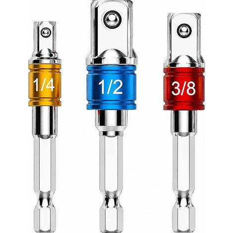 3 PCS Adaptateurs Hexagonaux Vers 1/4", 1/2", 3/8" Carrés, pour Douilles, Tige Hexagonale 1/4 Pouce vers Carrés 1/4, 3/8 et 1/2 Pouce, Verrouillage à Bille pour Visseuse, Montage et Bricolage (1/5)