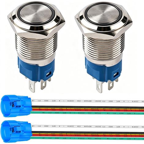 2pièces 16mm Bouton Poussoir Momentané en Acier Inoxydable, Anneau de lumière LED, 12V-24V 5A 1NO1NC SPDT on Off Bouton Étanche avec Fiche à Douille (LED Vert) (1/5)