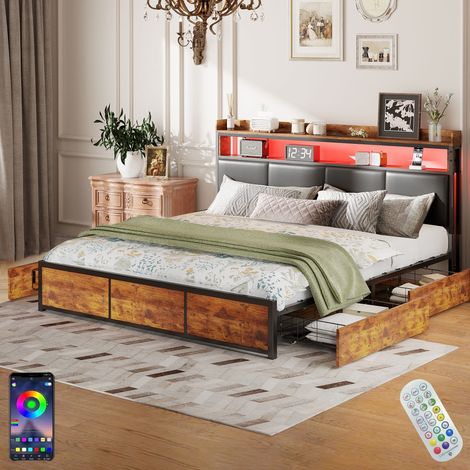Letto Matrimoniale 180x200 cm, con 4 Cassetti, Illuminazione LED, Testata Trapuntata in Similpelle, Rete a Doghe, Struttura in Metallo, Letto Matrimoniale in Legno - Marrone