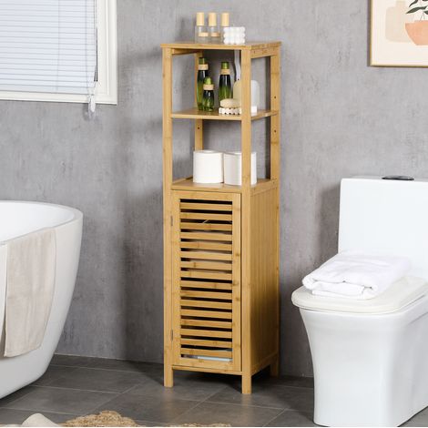 Armario de baño de bambú con 2 estantes abiertos y armario, 32,9 x 29,9 x 120 cm, natural (1/5)