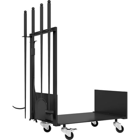 Range-bûches 48 x 30 x 76 cm, avec roulettes, pelle, balayette, tisonnier, pinces et crochets latéraux. Convient pour une utilisation intérieure et extérieure. Métal noir. (1/5)