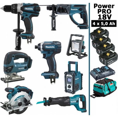 Pack MAKITA Power PRO 8 outils 18V : DDF458 + DHR202 + DTD152 + DJV180 + DSS610 + DJR186 + DMR108 + DEADML805 + 4 batt 5Ah + sac (1/5)