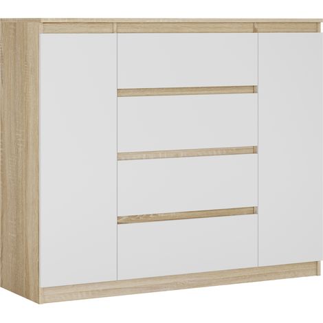 Commode : Chêne Sonoma / Blanc Mat, 120 x 39 x 101 cm, 2 Portes, 4 Tiroirs (1/5)