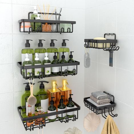 Lot de 5 étagères de douche sans perçage avec porte-savon - Noir (1/5)