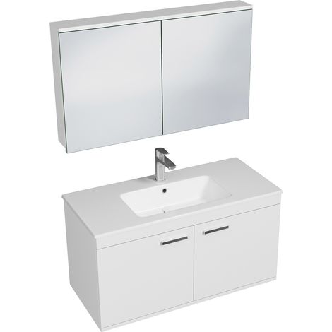 RUBITE Meuble salle de bain simple vasque 2 portes blanc largeur 100 cm + miroir armoire (1/5)