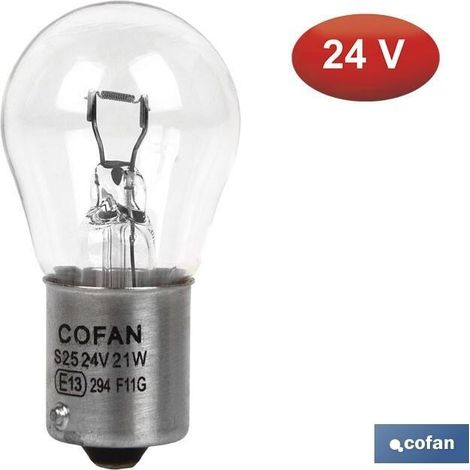 COFAN lámpara cofan 1 polo p21w (ba15s) 24v caja 10 unid. , Lámpara de un polo P21 de 24 voltios y 21W. Válida para coche, moto y tractor para pilotos o intermitentes. Cristal tr