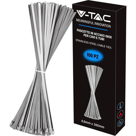 V-TAC Fascette in Acciao Inox per Cavi misura 4.6 mm x 350 mm - Confezione 100 Pezzi - Fascette per Cablaggio Multiuso - Stringicavo Portacavi Fermacavi per Elettricista, Meccanico, Tubi in Ferro (1/5)