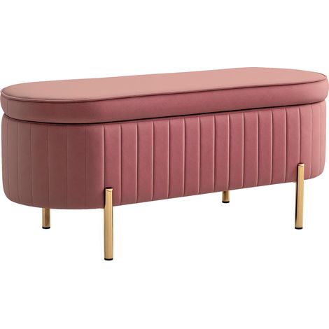 Banc de rangement, bout de lit en velours avec couvercle, pieds en métal, capacité 72 L, 108x44x43,5cm, rose