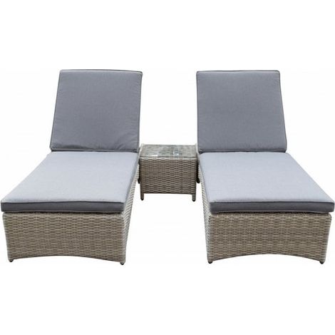 Signature Weave Meghan Wicker 2 x Sun Lounger Bed Chair Set & Drinks Table Grey (1/4)