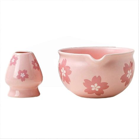 Ensemble de 2 bols à matcha japonais traditionnels avec porte-fouet, idéal pour la cérémonie du thé ou un cadeau original. Fleurs roses. (1/5)