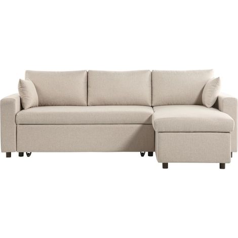 Loungitude – Canapé d'angle convertible réversible avec coffre de rangement – Tissu beige – Dimensions 223x148x81 cm – Couchage 135x195 cm