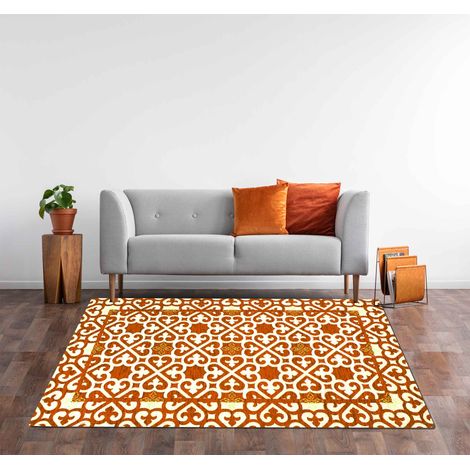 Tappeto Arredo Moderno Morbido in Ciniglia Ingresso Antiscivolo Prodotto Italiano Soggiorno Camera Salotto Disegni Piazzati Cotone Varie Misure Grande Arabic Ruggine - 65x300 cm