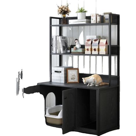 Mobilier de salle de bain pour chats, rangement caché, contrôle des odeurs, Noir + Métal & Bois (1/2)