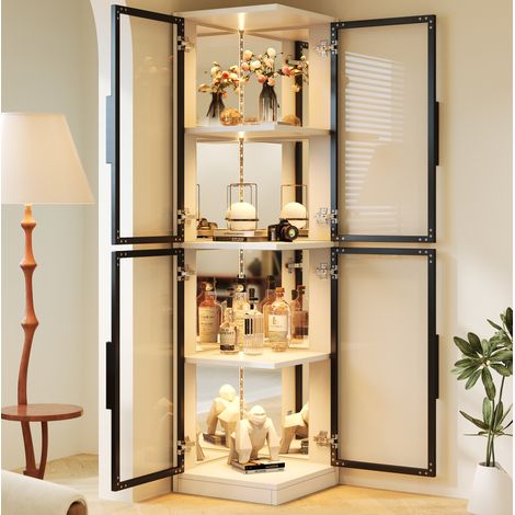 Vitrina de cristal blanca 44 × 42 × 164 cm con trasera de espejo y LED multicolor OKWISH (1/5)