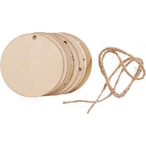 Fette di legno con foro + corda di iuta, 8 pezzi