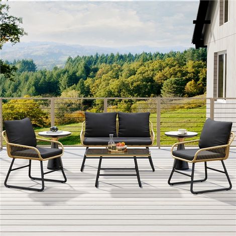 Yaheetech Mobili da Giardino Balcone 4 Pezzi Polyrattan, Salotto Esterno Divanetto 2 Posti con 2 Poltrone e Tavolo, Cuscini Morbidi Rimovibili, Struttura Resistente Sole Pioggia Stile Boho Beige/Nero