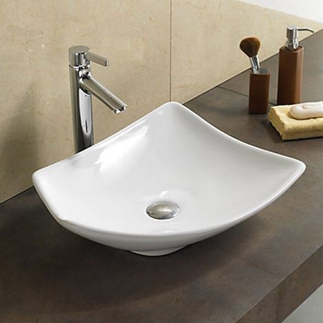 Rue Du Bain – Vasque à poser asymétrique céramique blanche brillante 49x38 cm – Bords relevés – Sans trop plein – Pour robinet mitigeur bec haut (1/5)