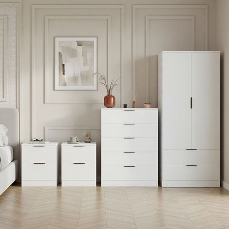 Trega 4pc Bedroom Furniture Set – 2x 2 Drawer Bedside, 5 Drawer Chest & 2 Door Wardrobe, White